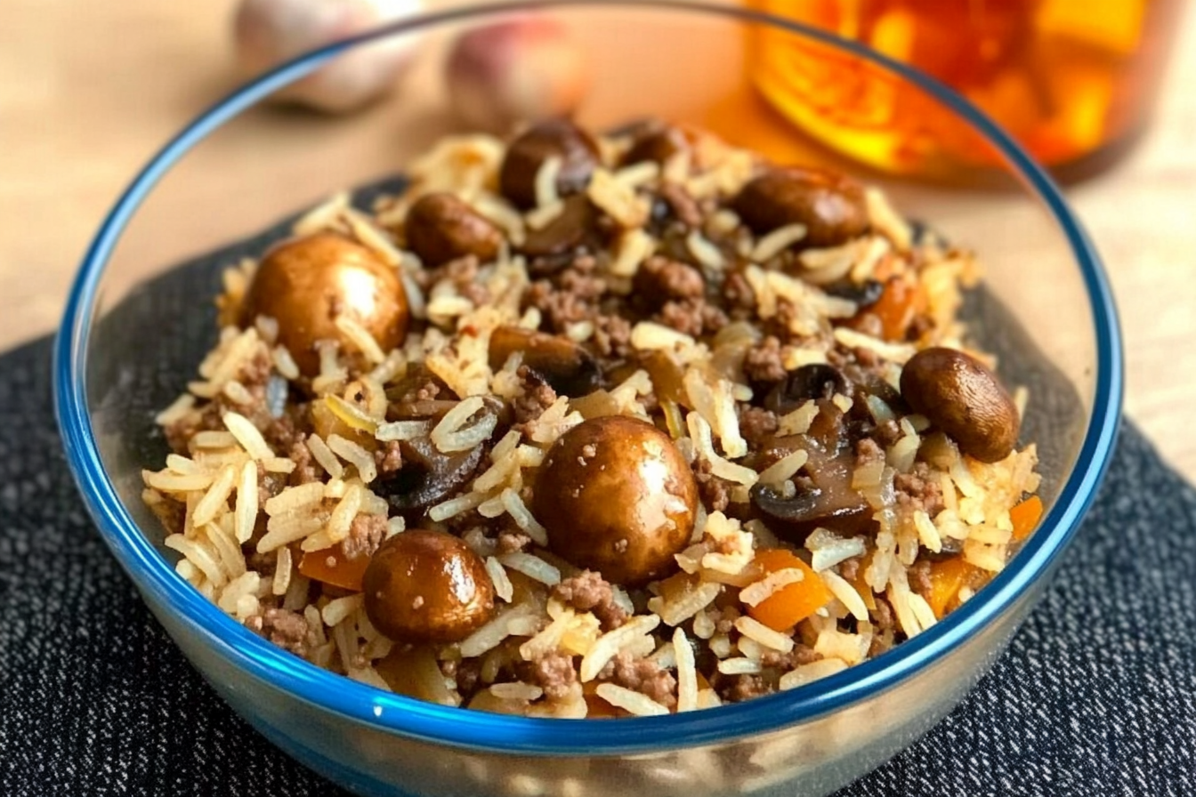 Arroz con champiñones y carne