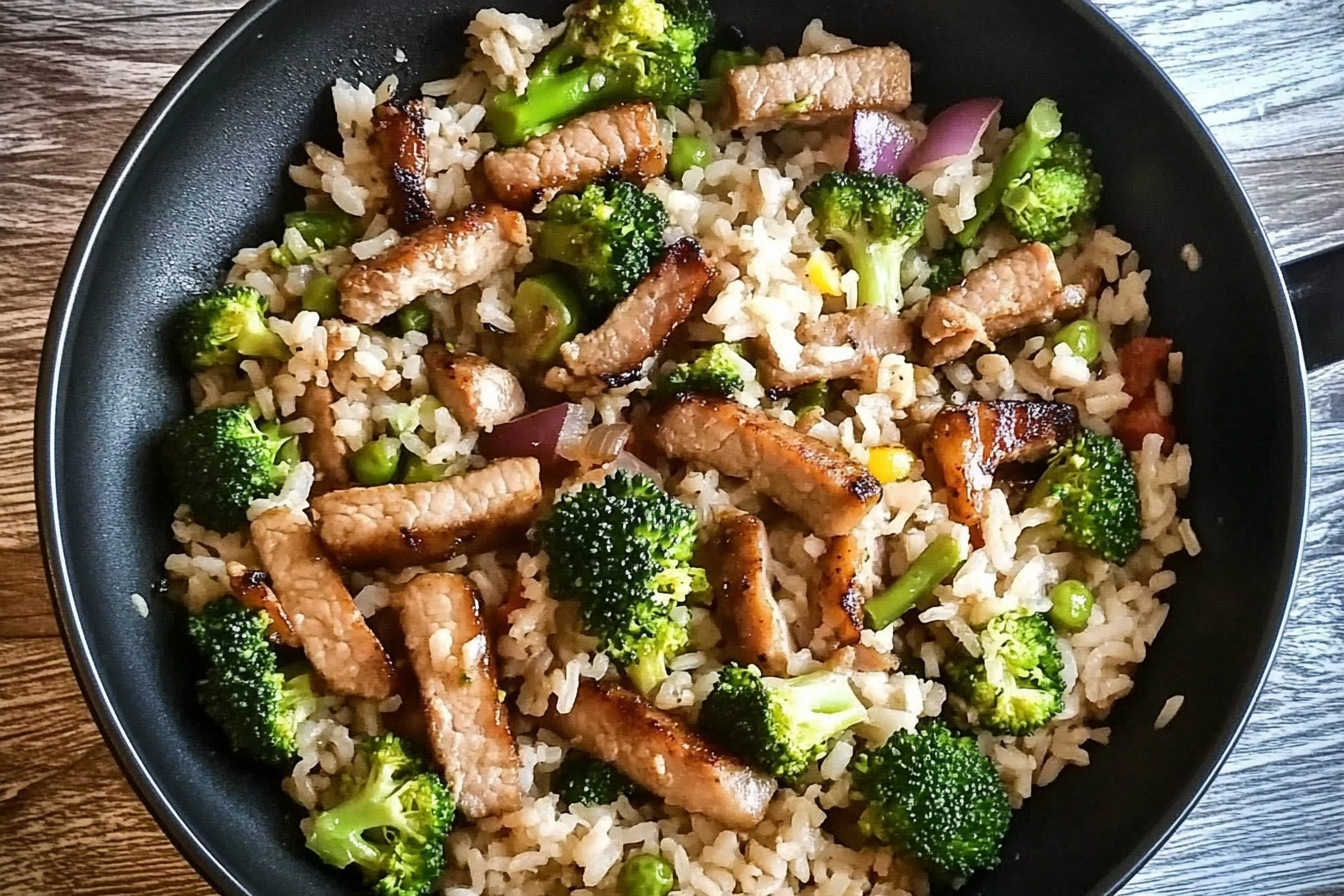 Arroz salteado con cerdo y brócoli
