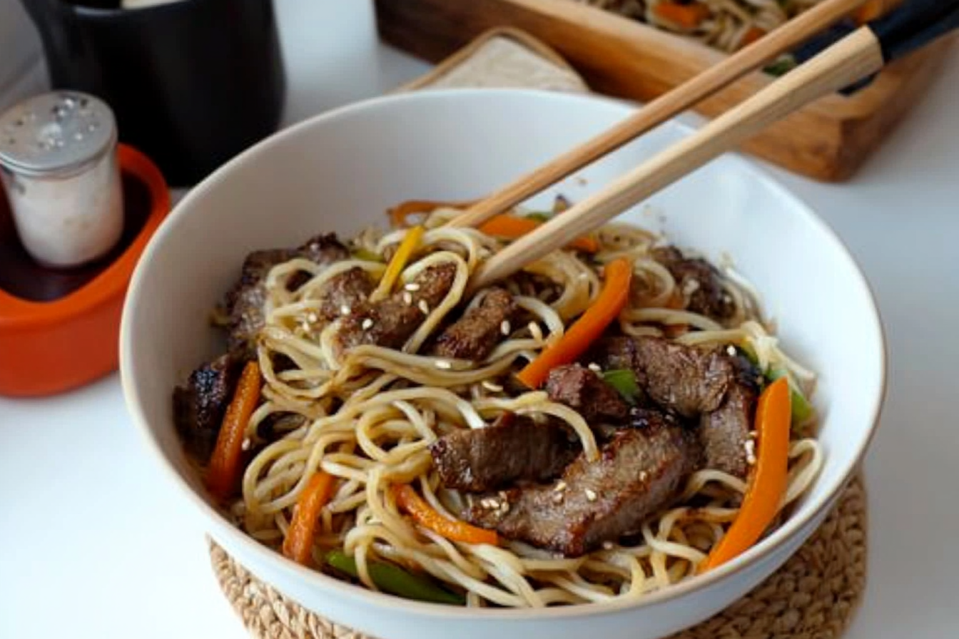 Fideos chinos con ternera