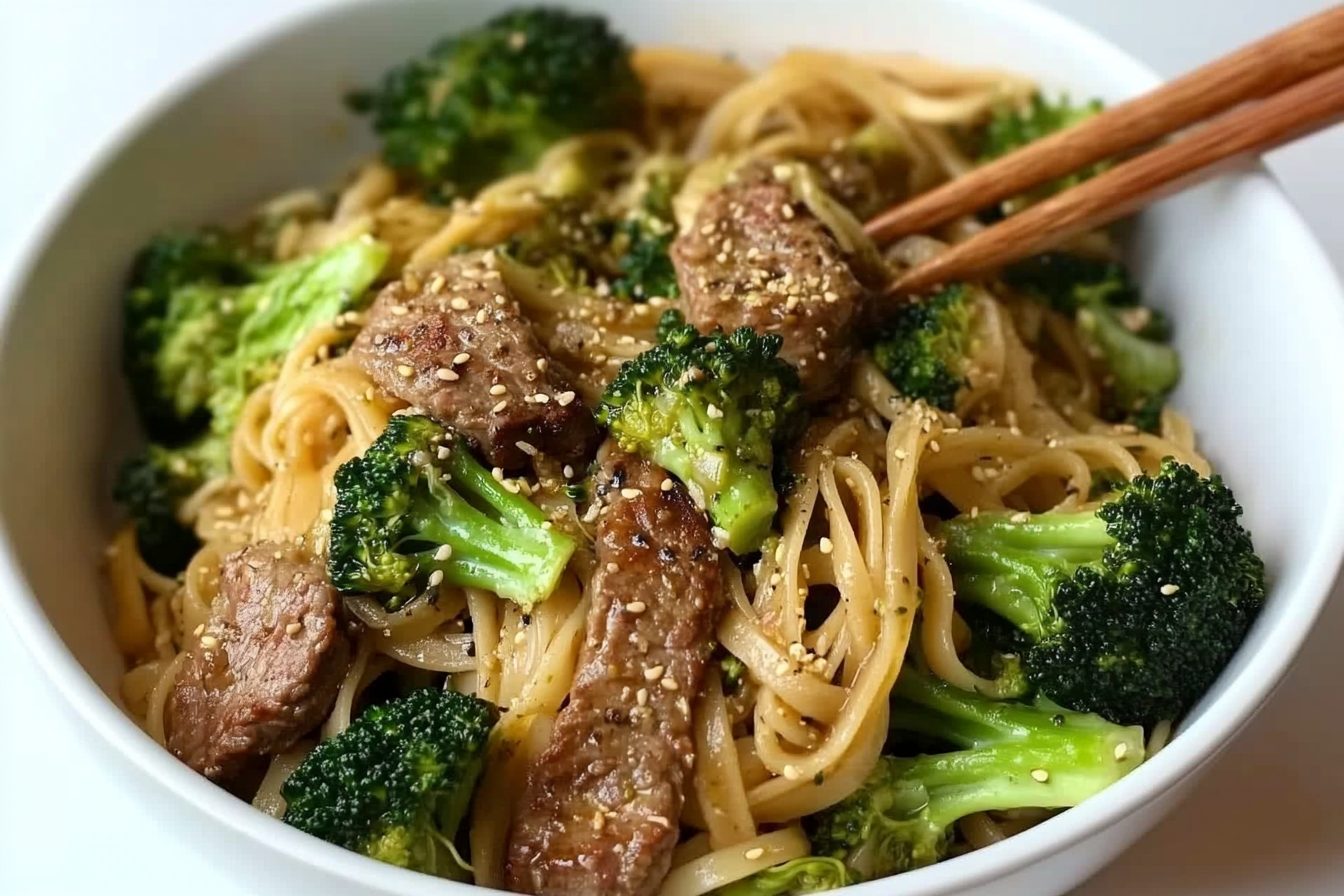 Fideos con brócoli y ternera