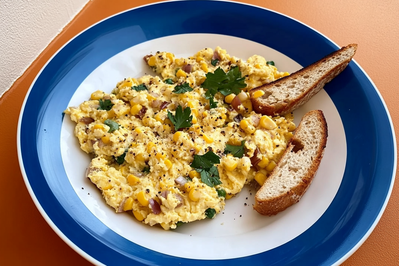 Huevos revueltos con cebolla y maíz