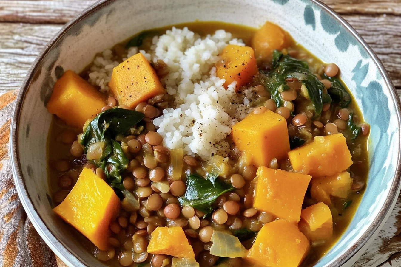Lentejas con calabaza y espinacas