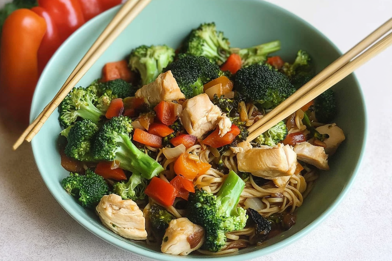 Noodles con pollo y brócoli