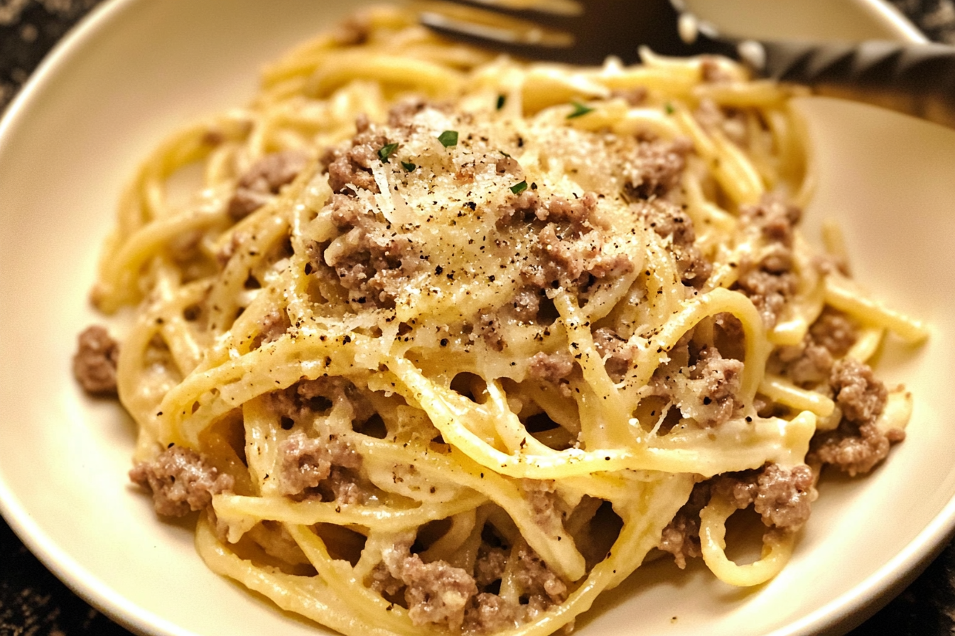 Pasta Alfredo con Carne Molida