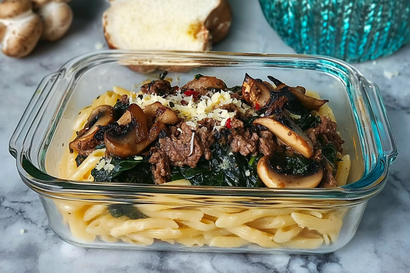 Pasta con ternera y espinacas