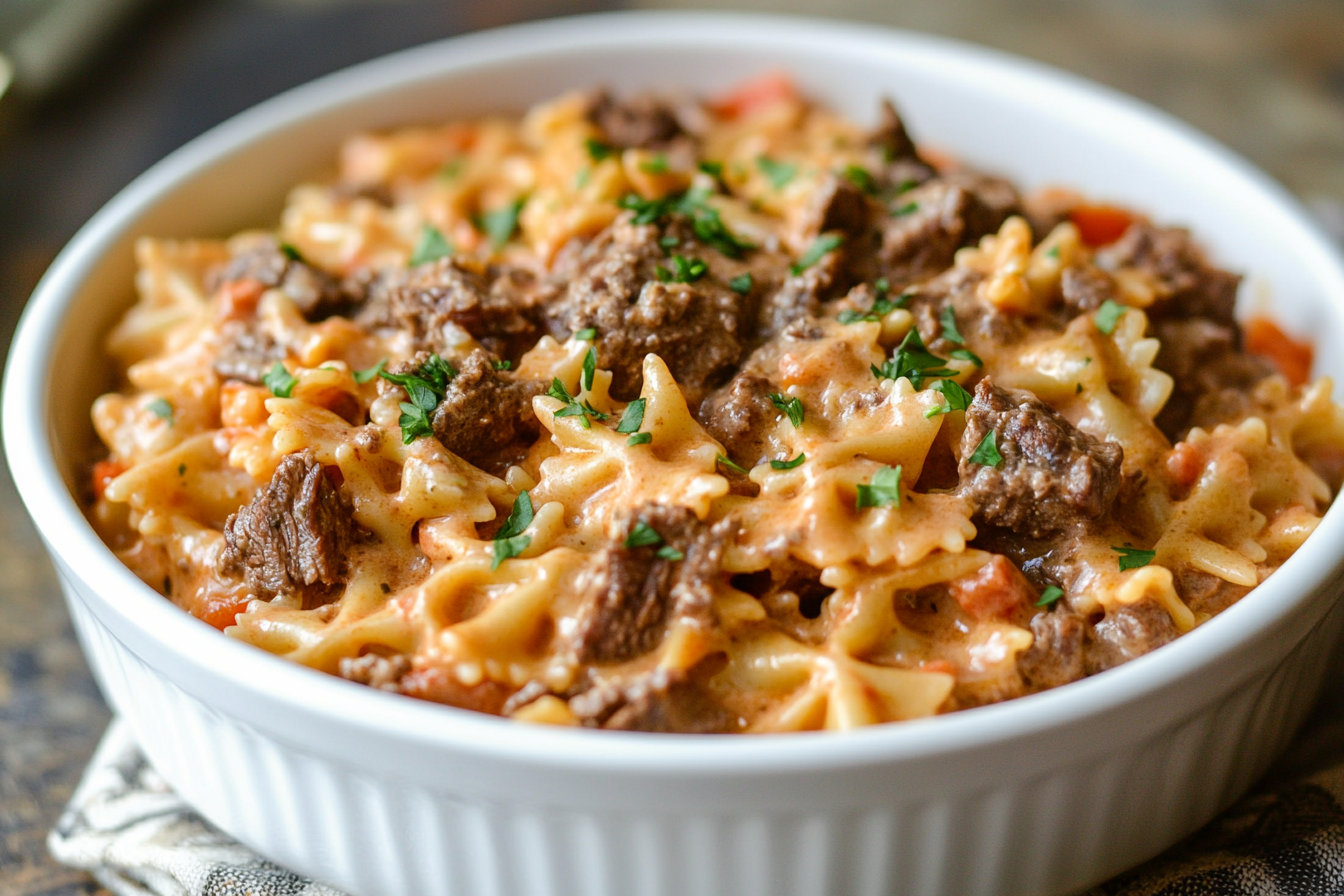 Pasta de moño con carne cremosa