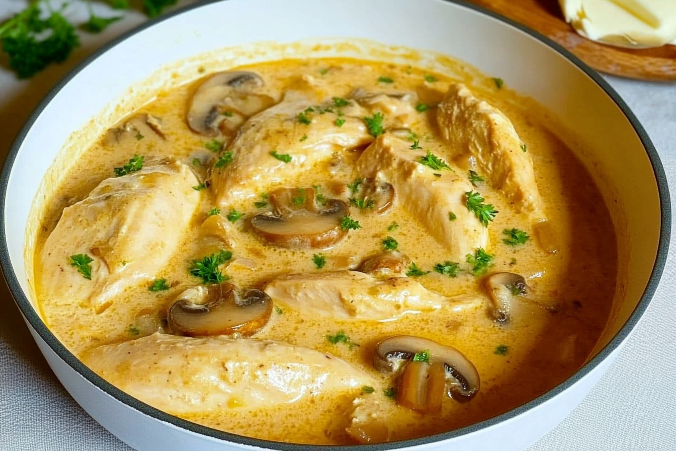 Pollo a la crema con champiñones