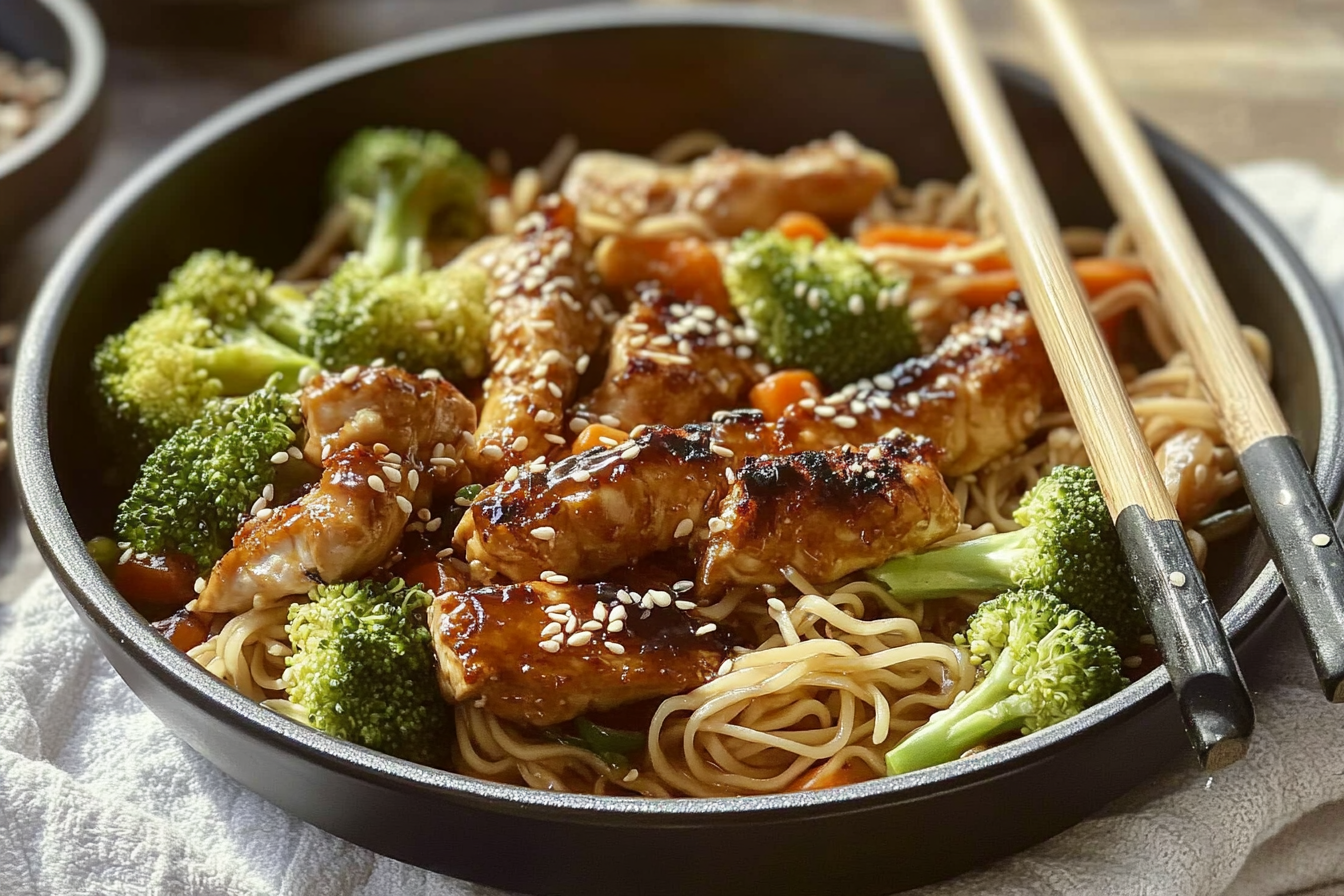 Pollo asiático con noodles y brócoli
