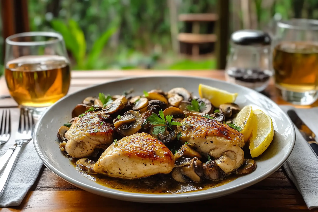 Pollo en sartén con champiñones