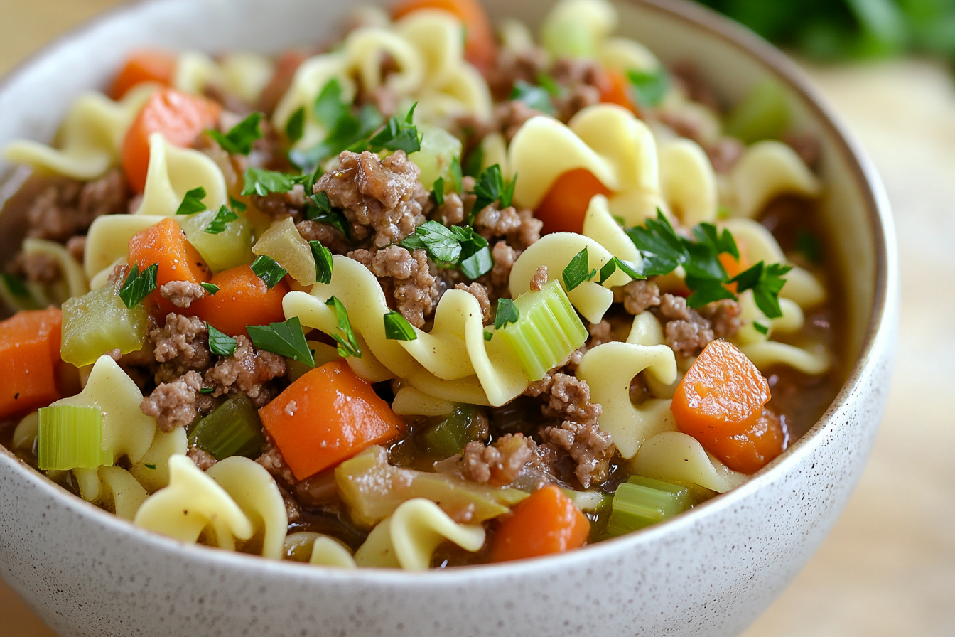 Sopa de fideos con hamburguesa