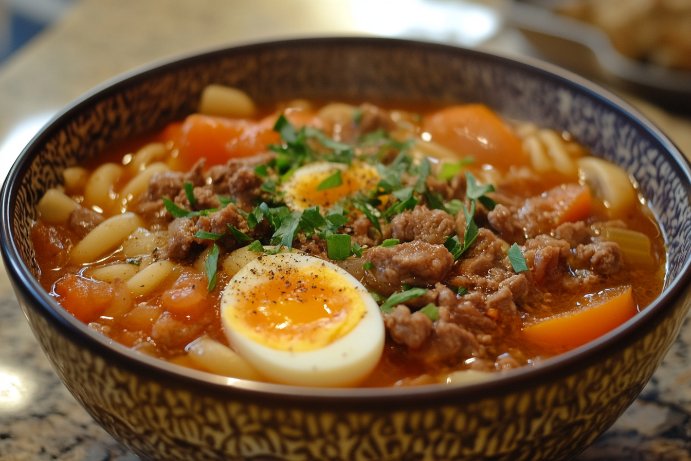 Sopa de fideos con tomate y huevo