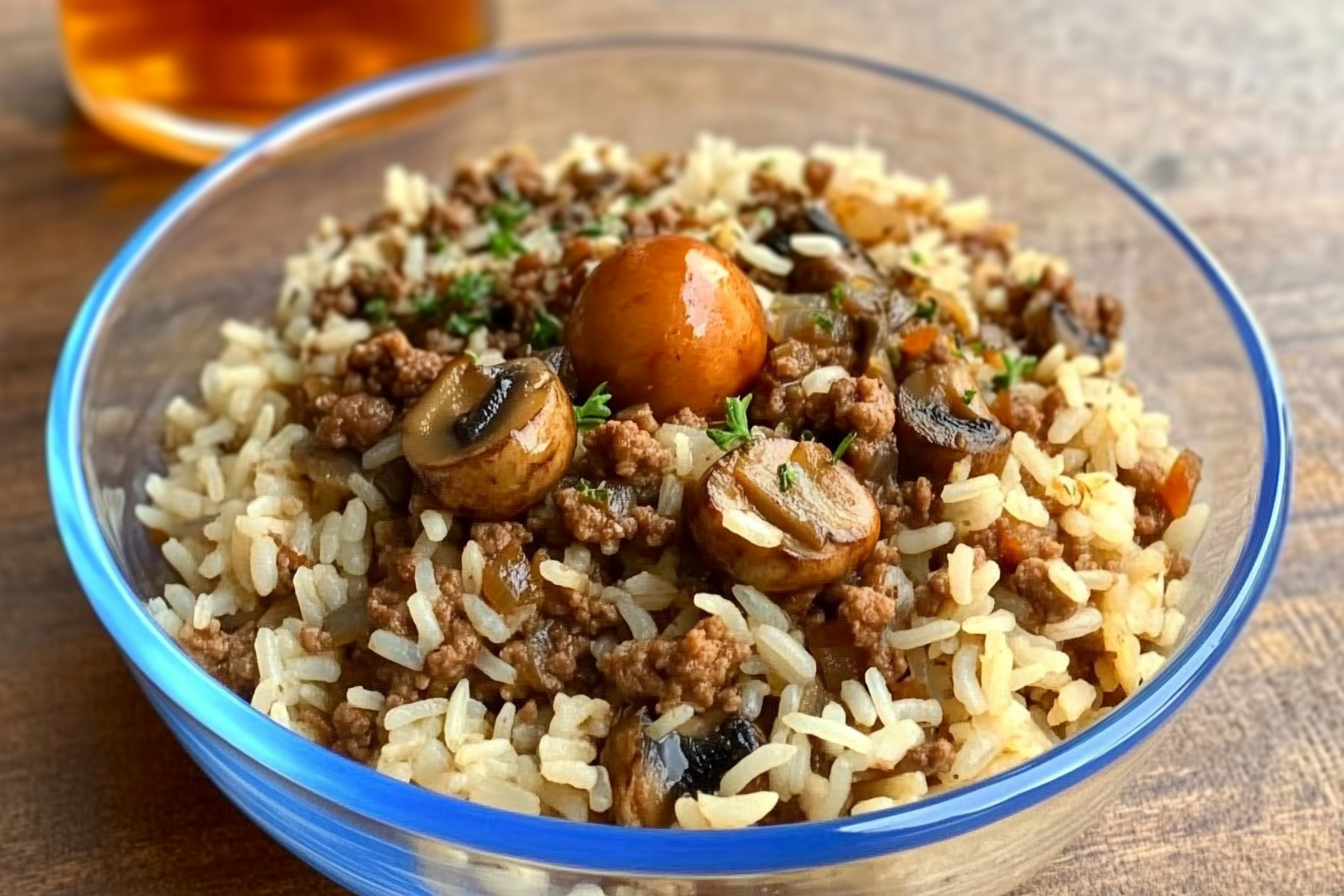Arroz con champiñones y carne