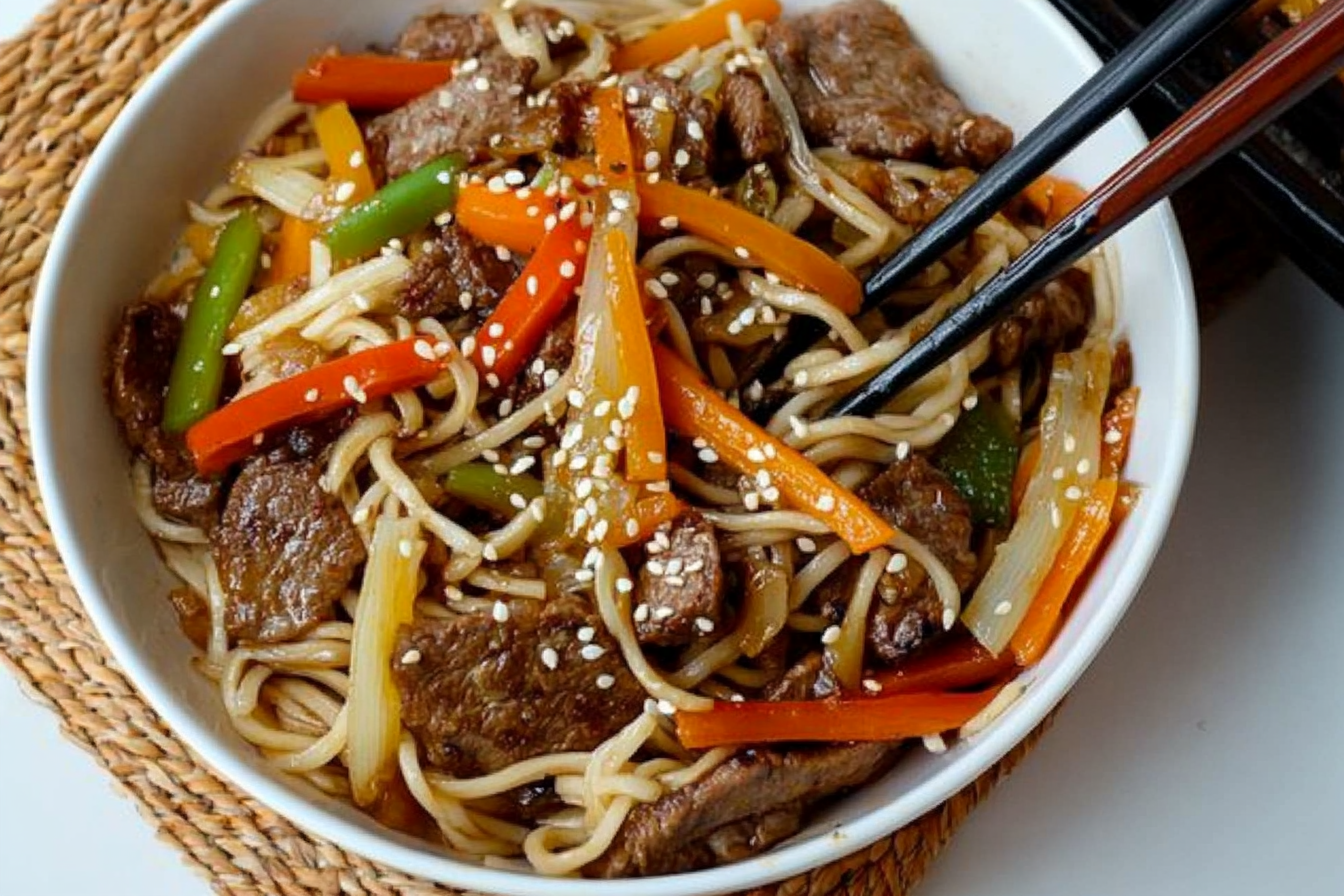 Fideos chinos con ternera