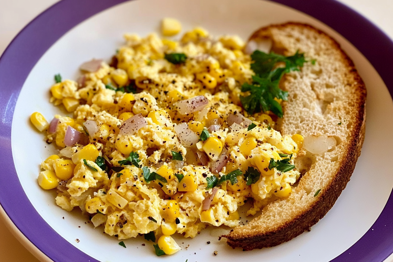 Huevos revueltos con cebolla y maíz