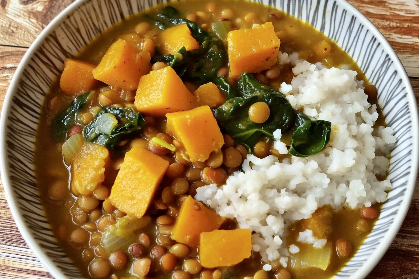 Lentejas con calabaza y espinacas