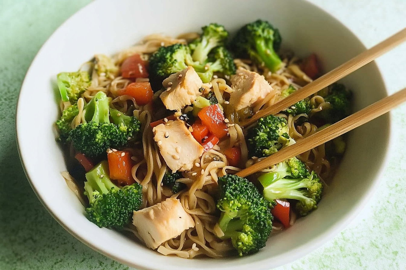 Noodles con pollo y brócoli