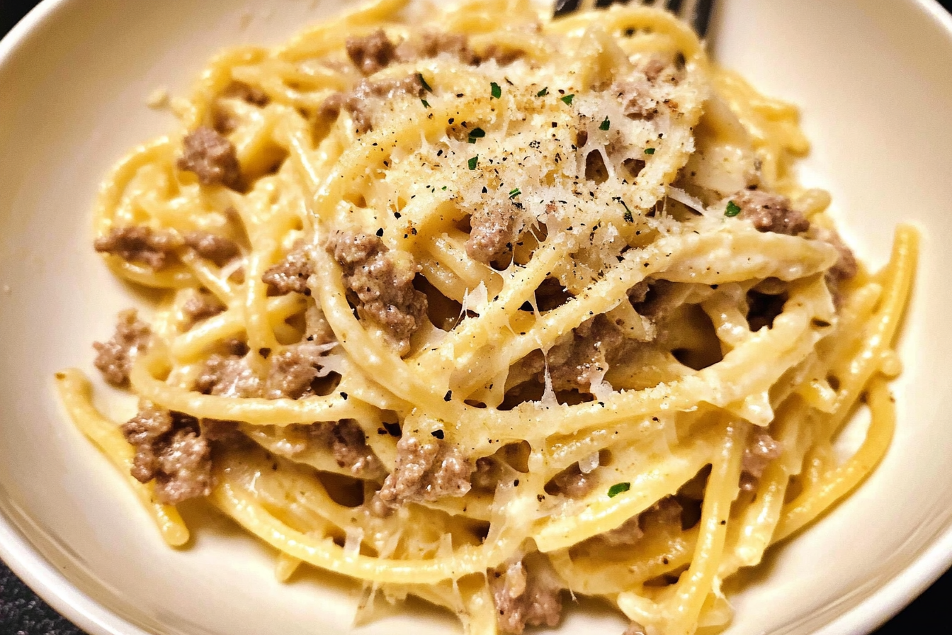 Pasta Alfredo con Carne Molida