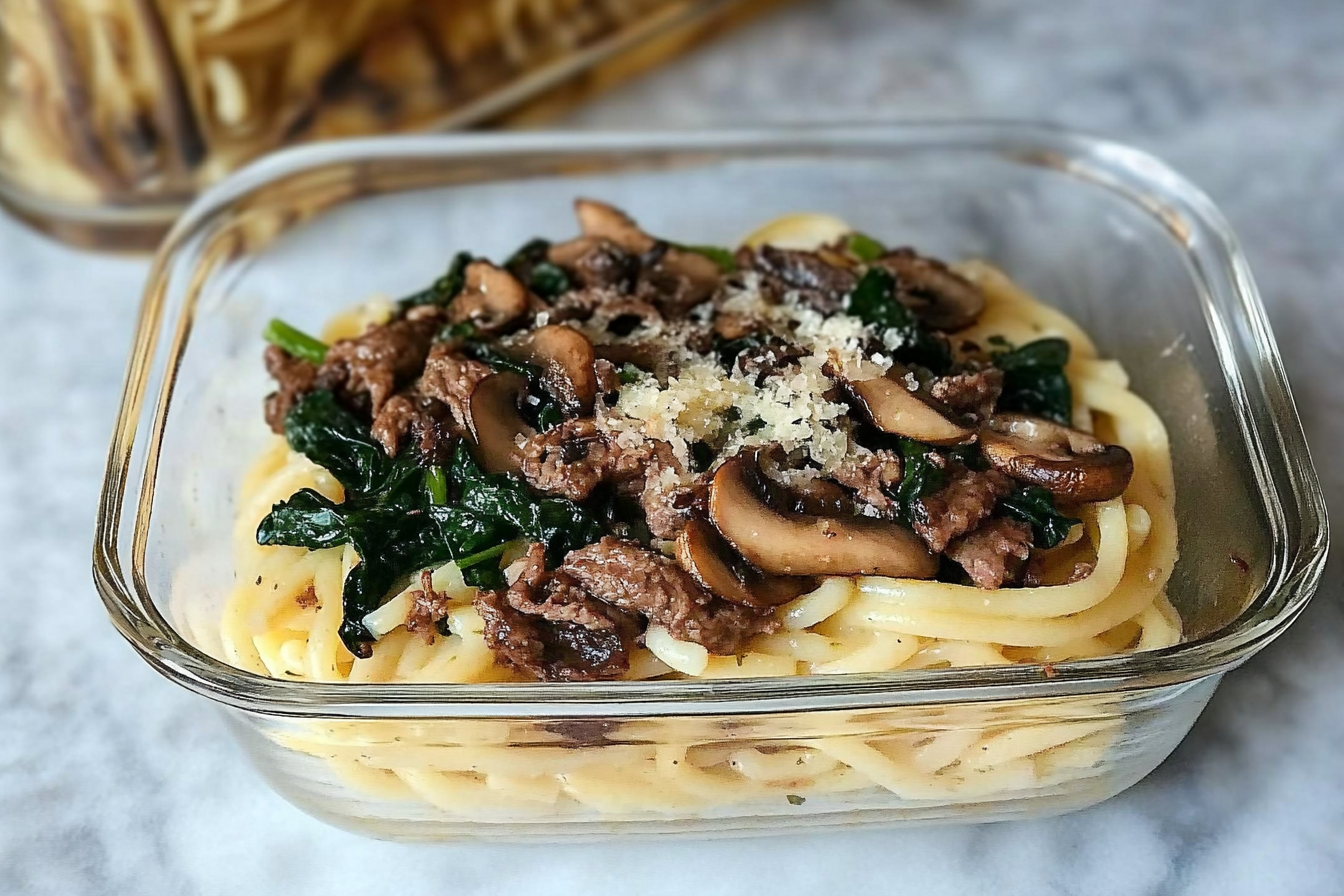 Pasta con ternera y espinacas