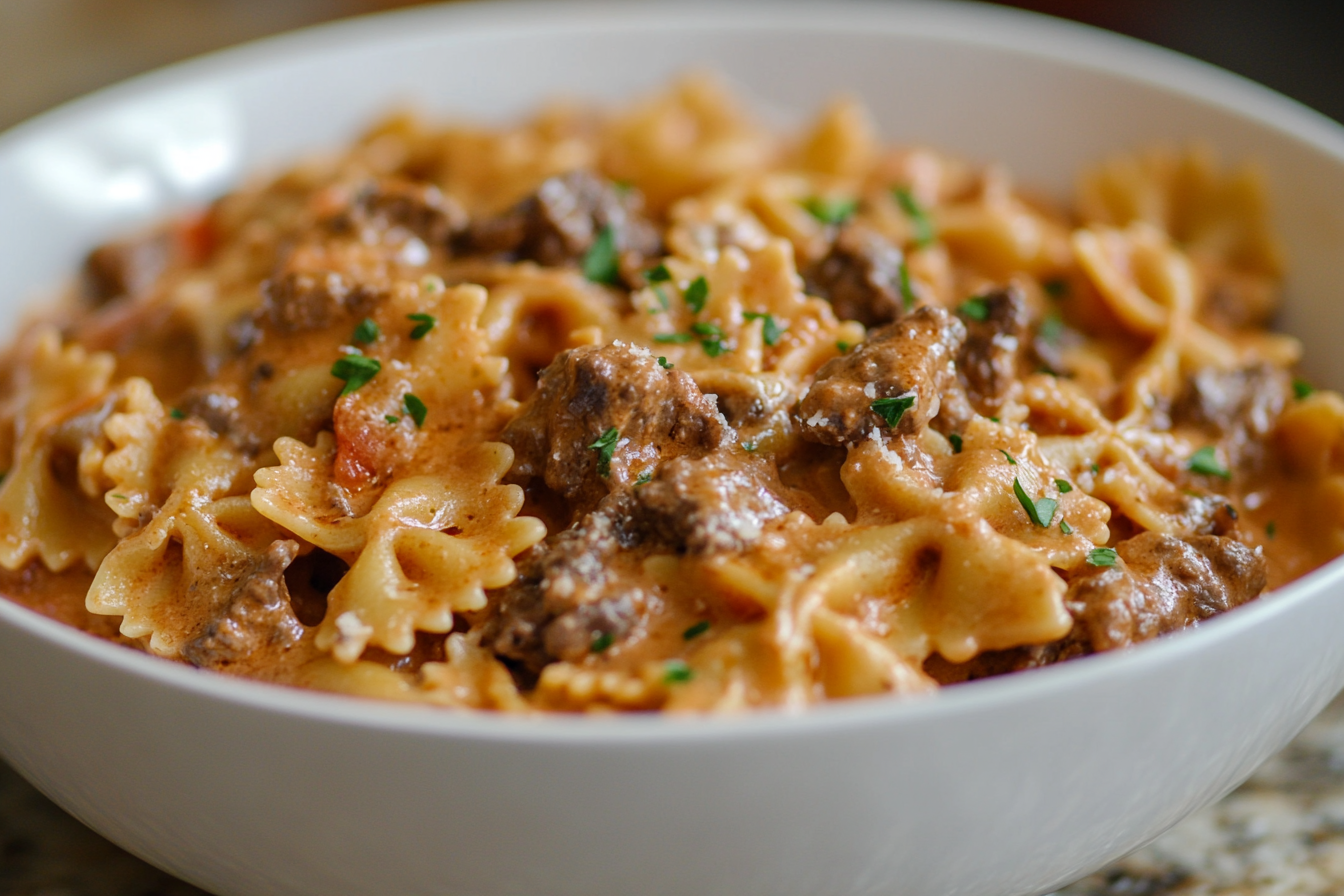 Pasta de moño con carne cremosa