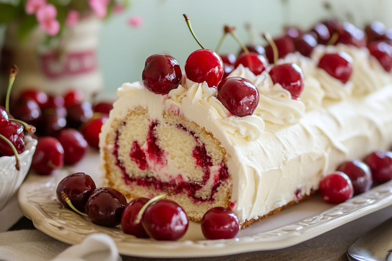 Pastel enrollado de cereza y queso