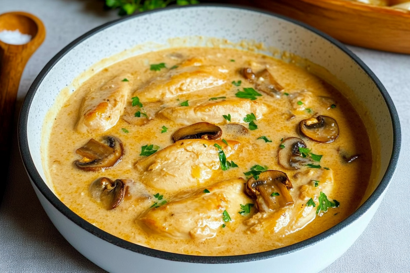 Pollo a la crema con champiñones