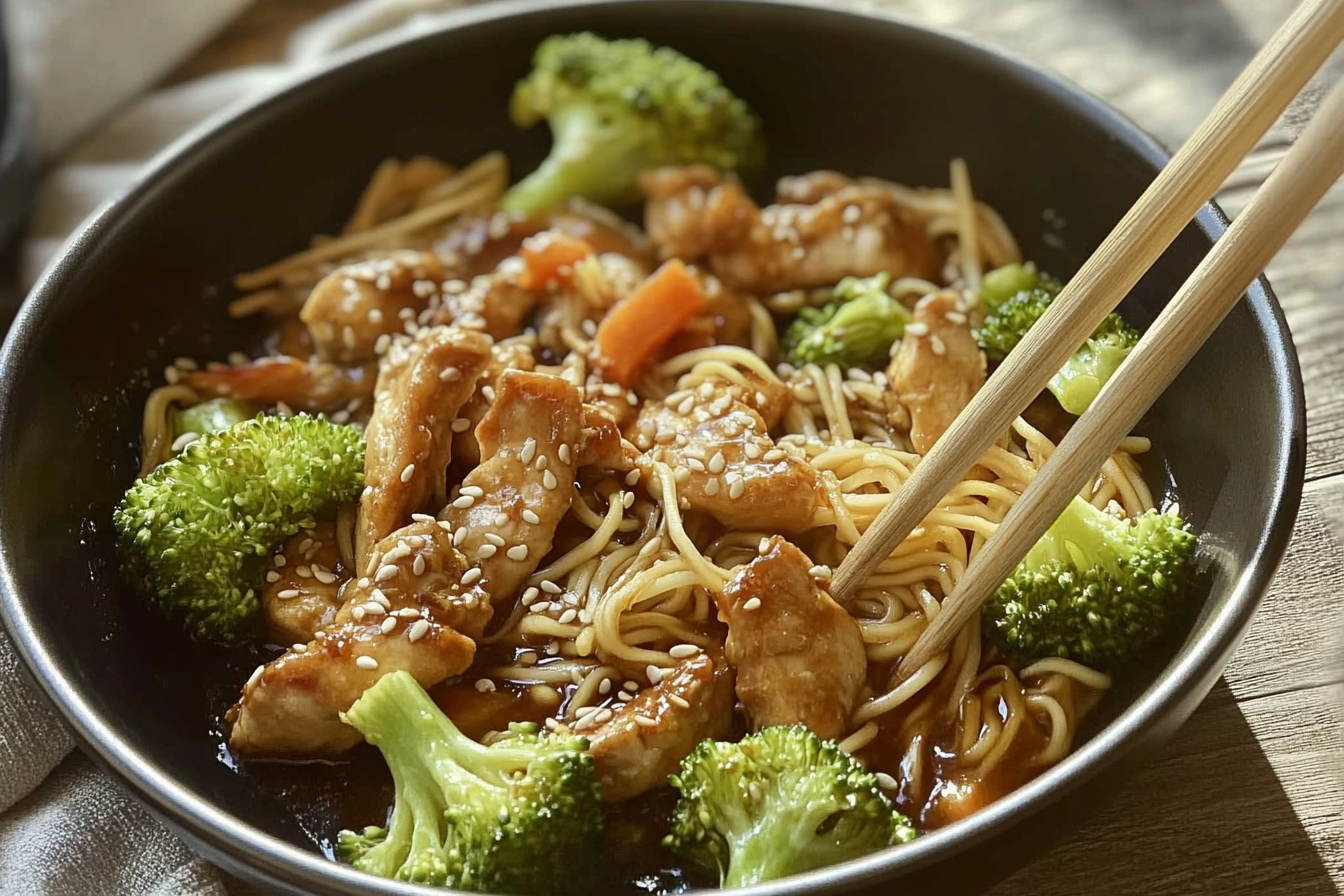 Pollo asiático con noodles y brócoli