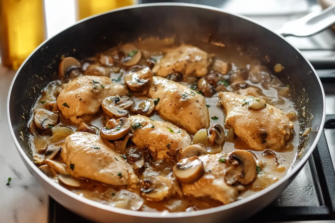 Pollo en sartén con champiñones