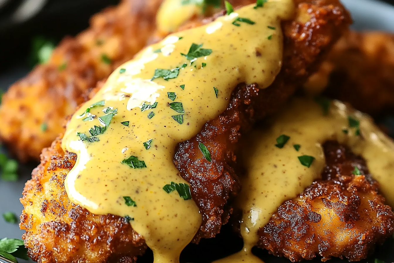 Pollo pretzel con salsa de mostaza