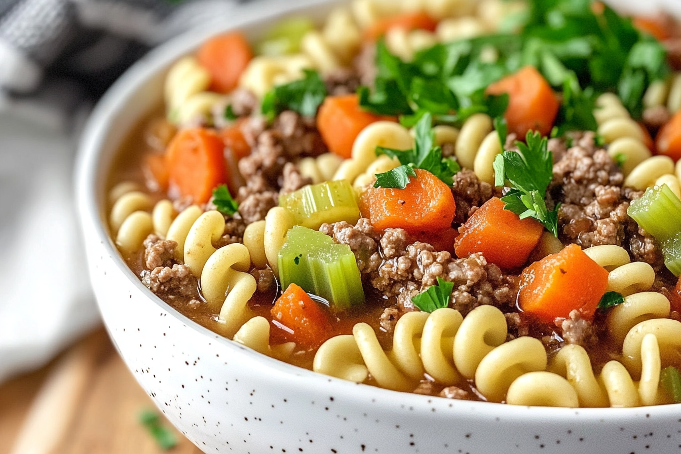 Sopa de fideos con hamburguesa