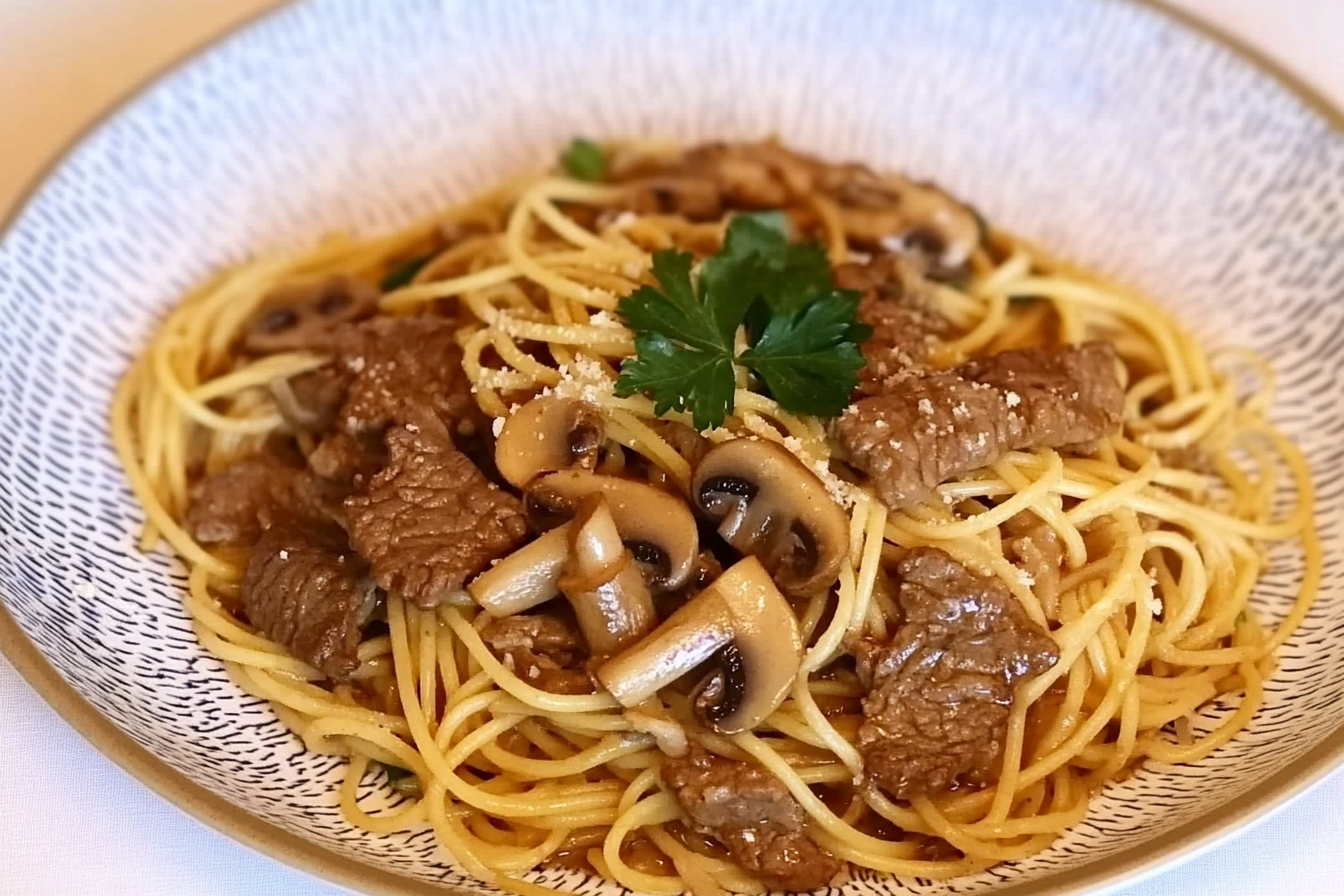Espaguetis con ternera y champiñones