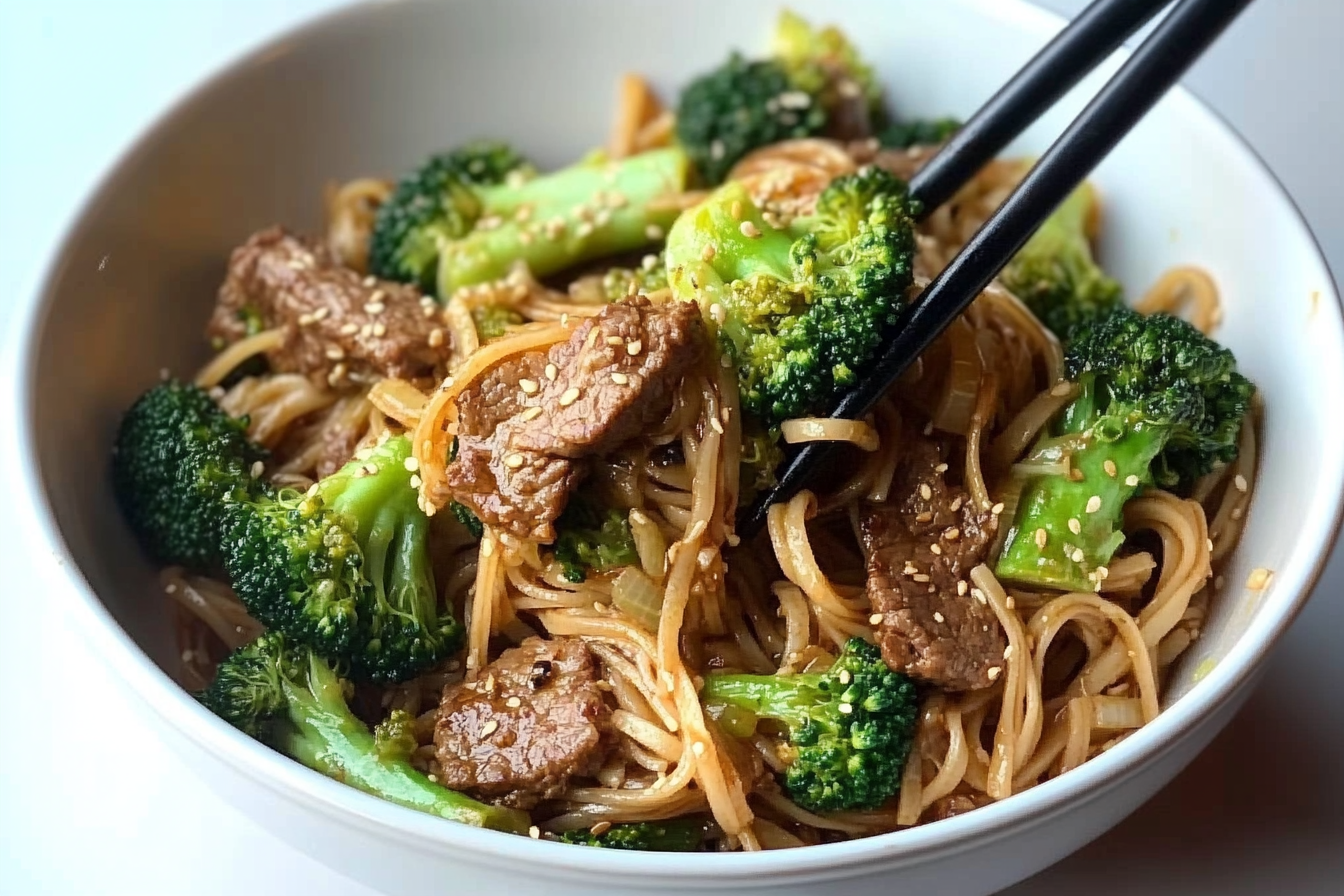 Fideos con brócoli y ternera