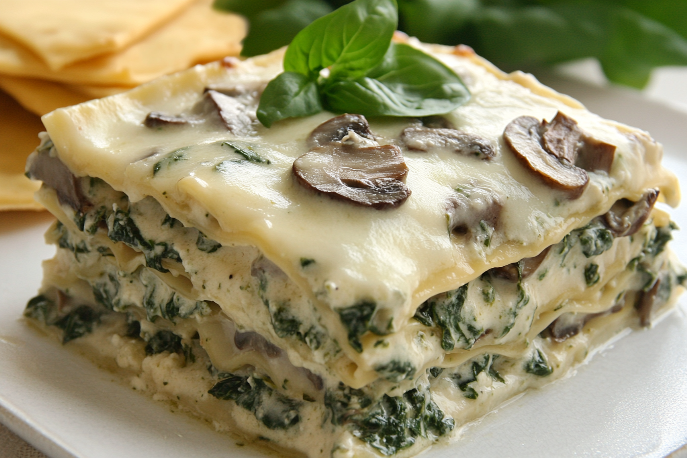 Lasaña cremosa de espinacas y champiñones