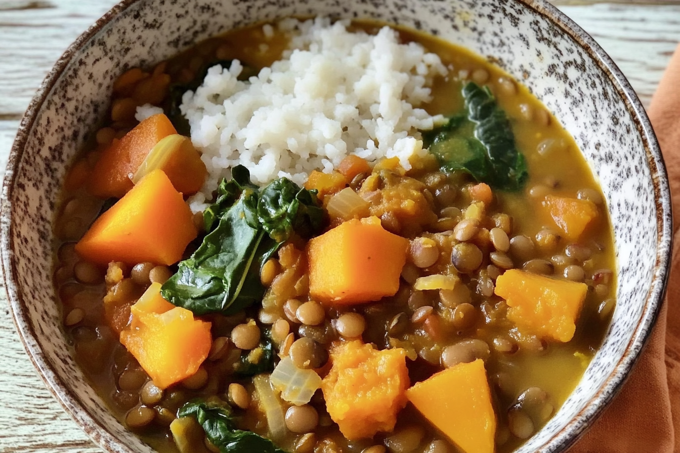 Lentejas con calabaza y espinacas