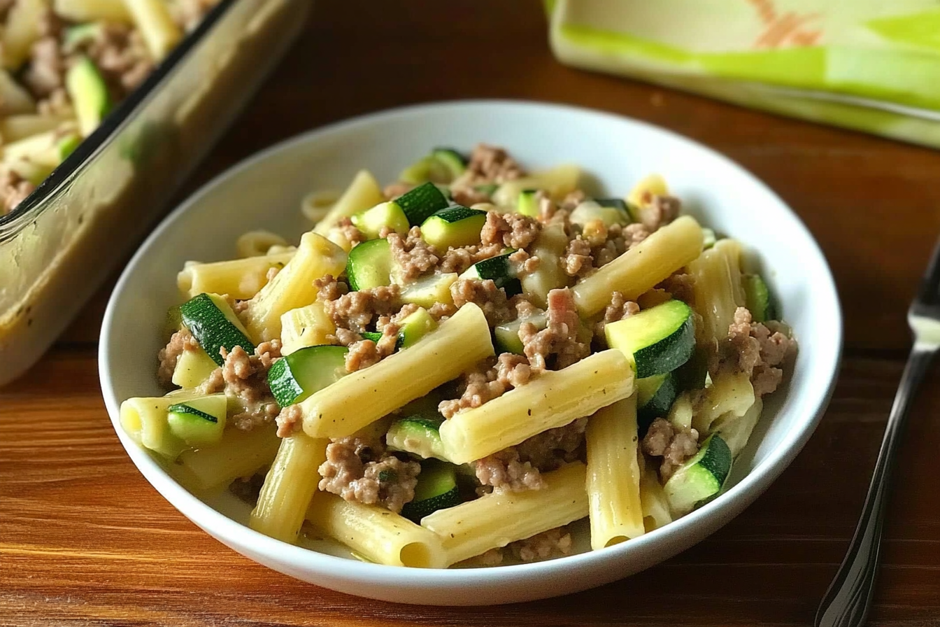 Macarrones con calabacín y carne