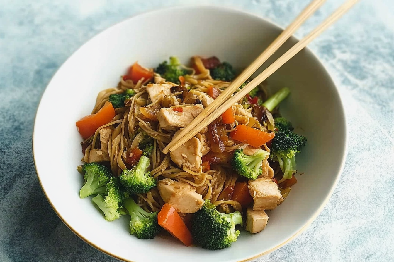 Noodles con pollo y brócoli