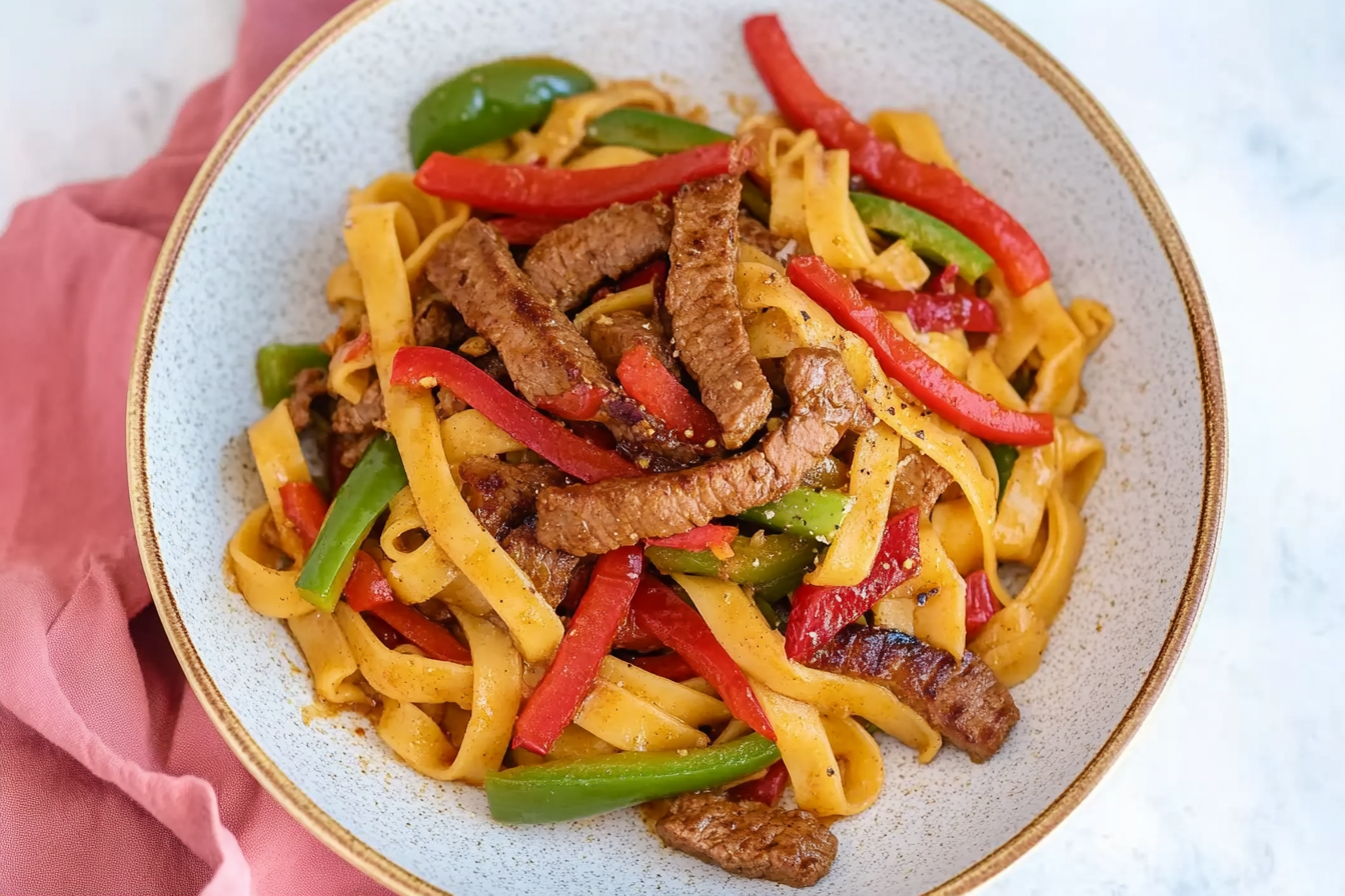 Noodles con ternera y pimientos