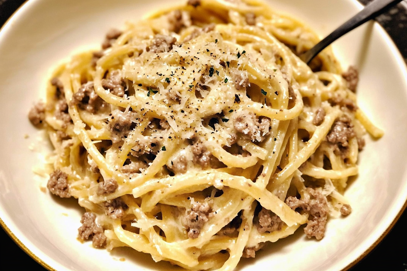 Pasta Alfredo con Carne Molida