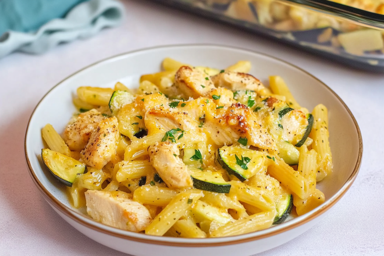 Pasta al horno con pollo y calabacín