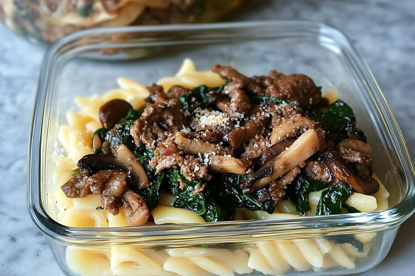 Pasta con ternera y espinacas
