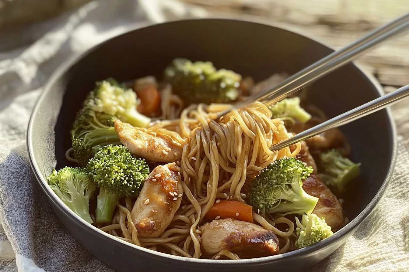 Pollo asiático con noodles y brócoli