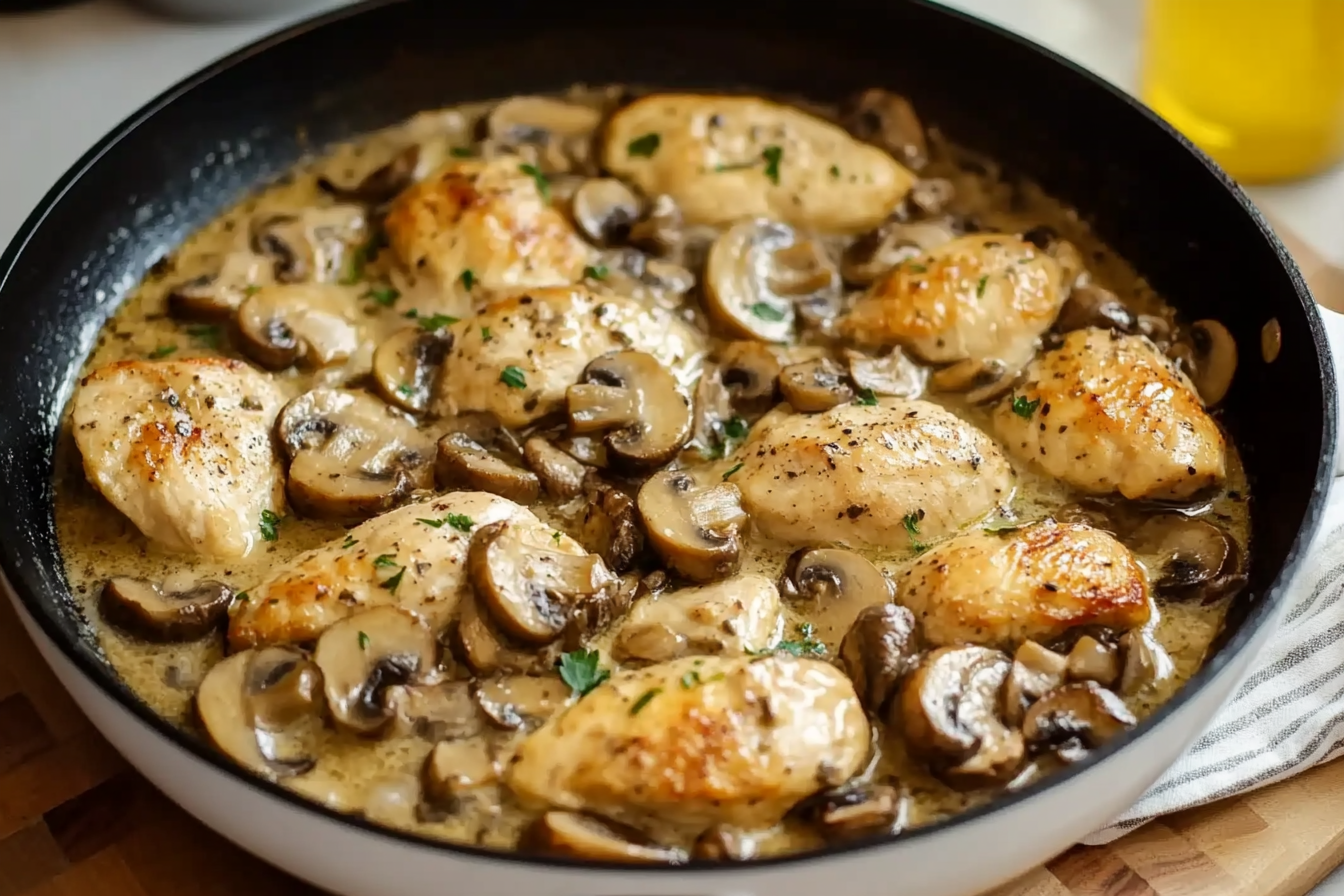 Pollo en sartén con champiñones