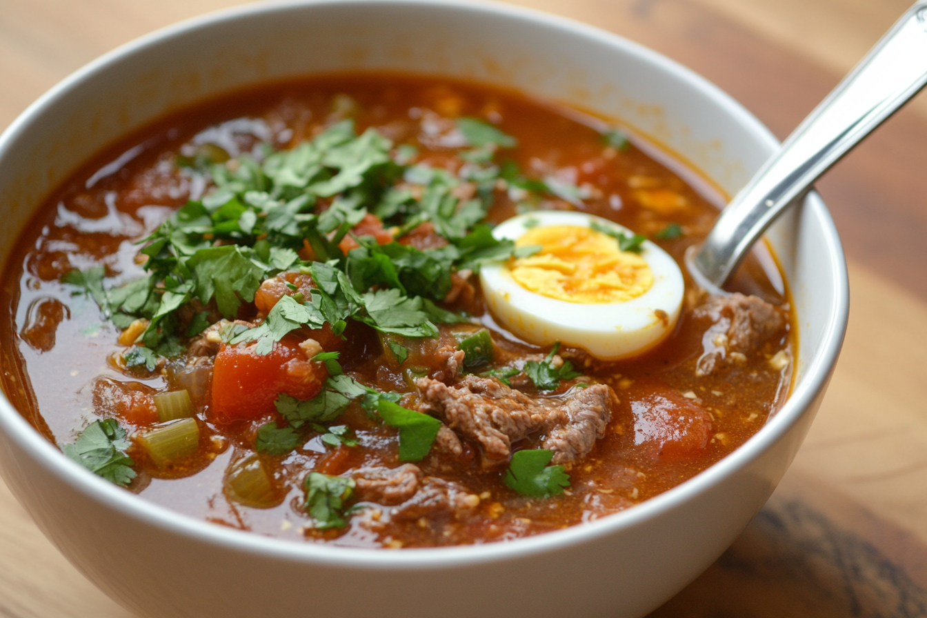 Sopa de fideos con tomate y huevo