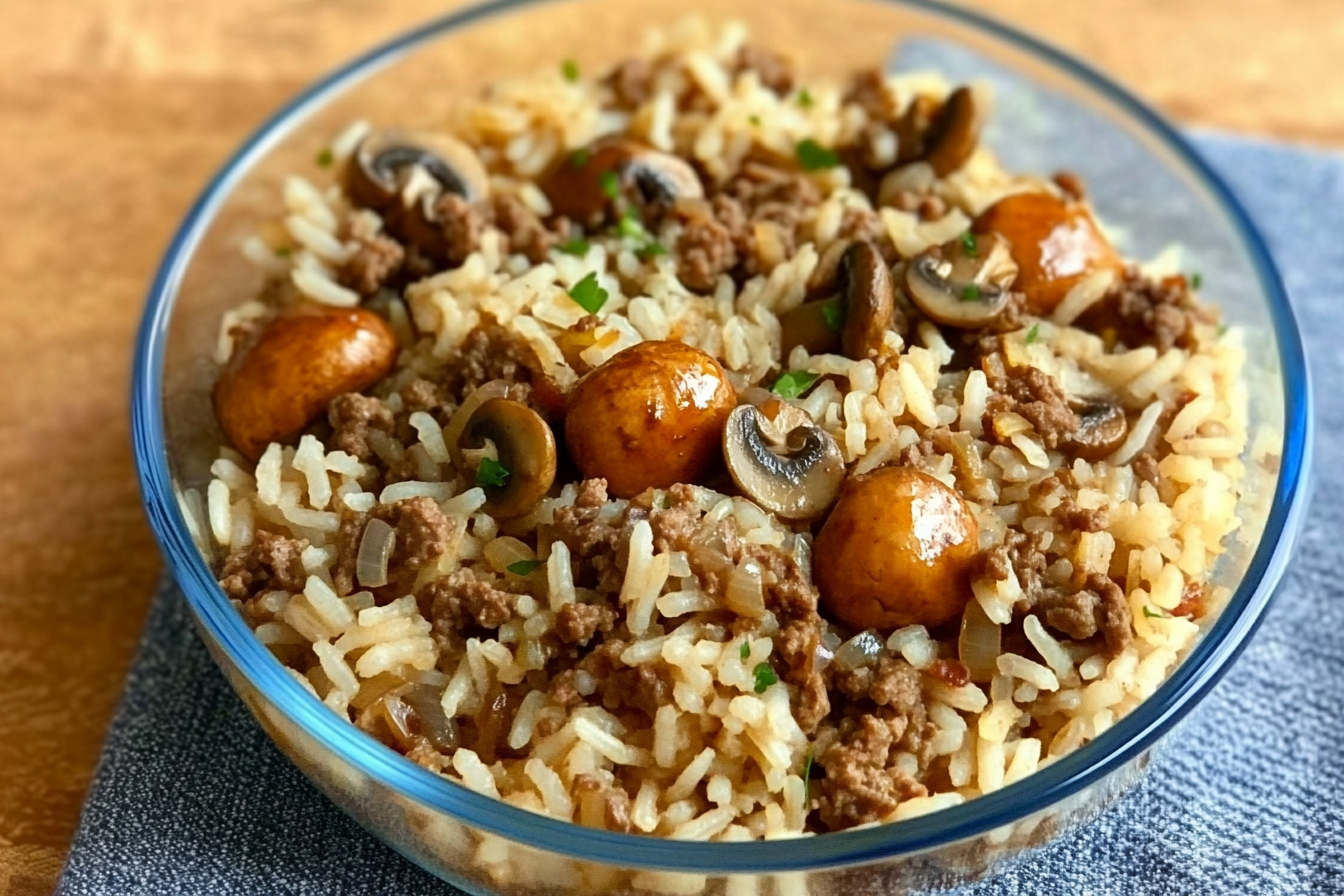 Arroz con champiñones y carne