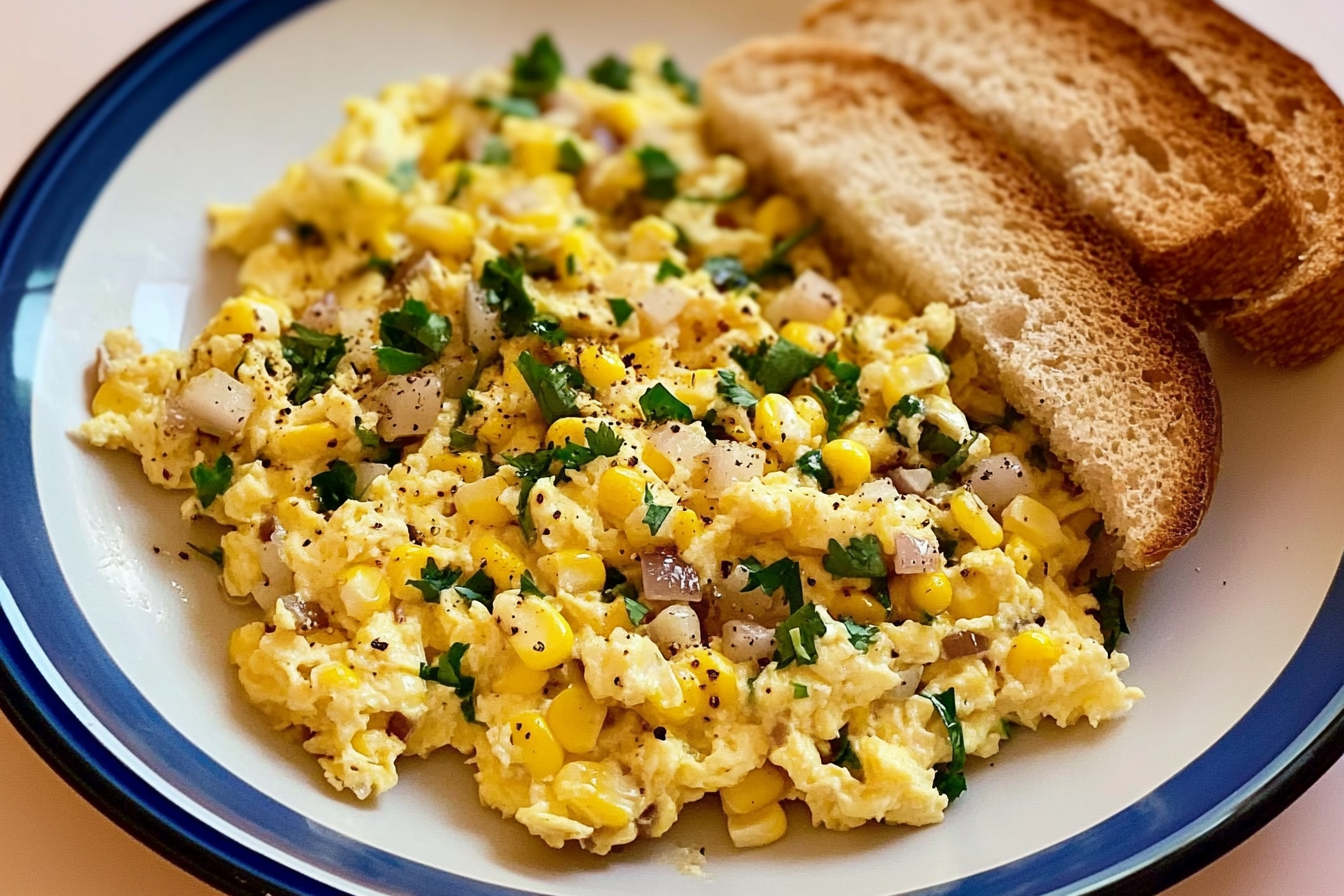 Huevos revueltos con cebolla y maíz