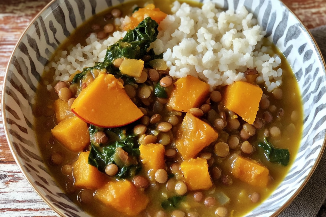 Lentejas con calabaza y espinacas