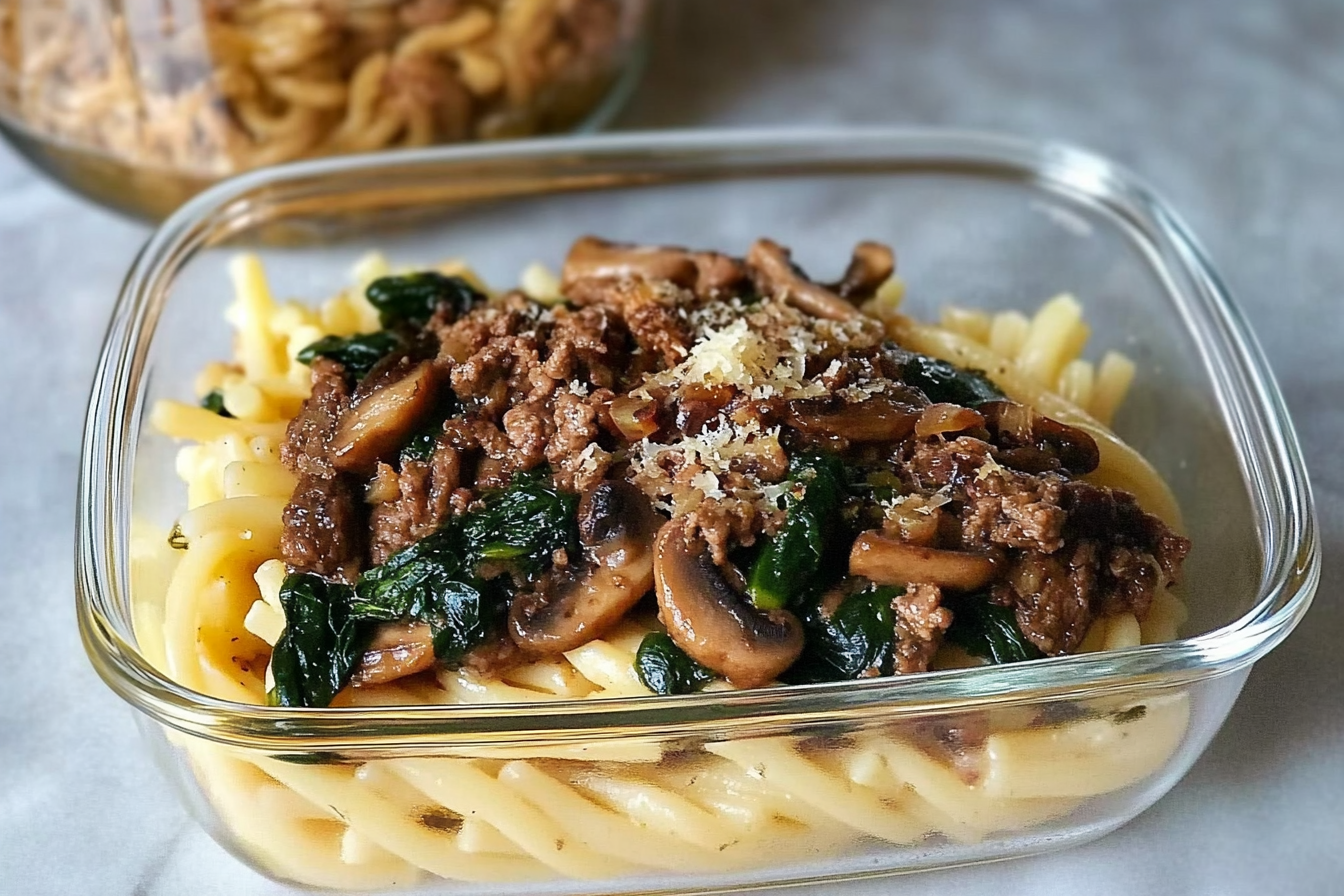 Pasta con ternera y espinacas