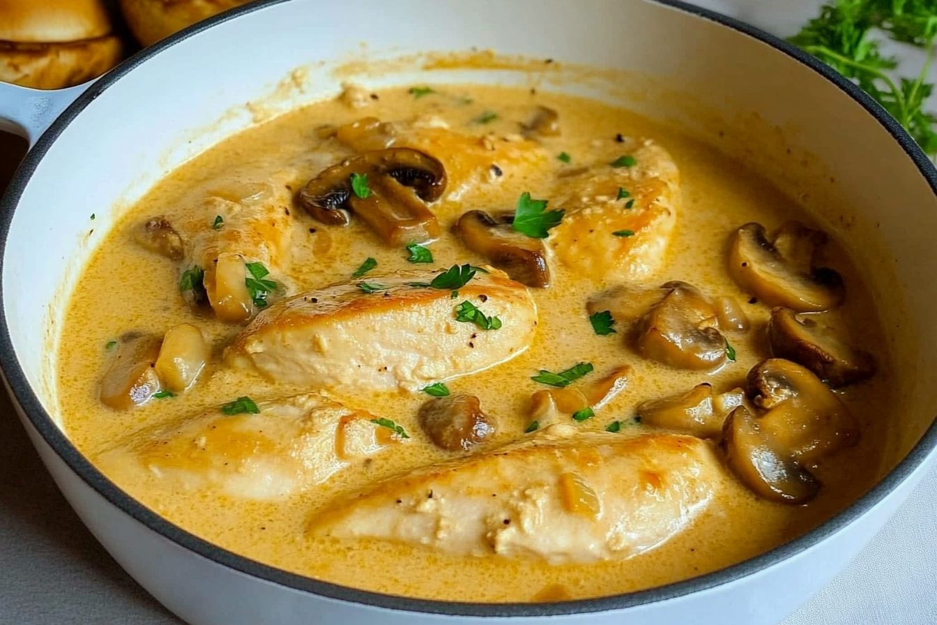 Pollo a la crema con champiñones