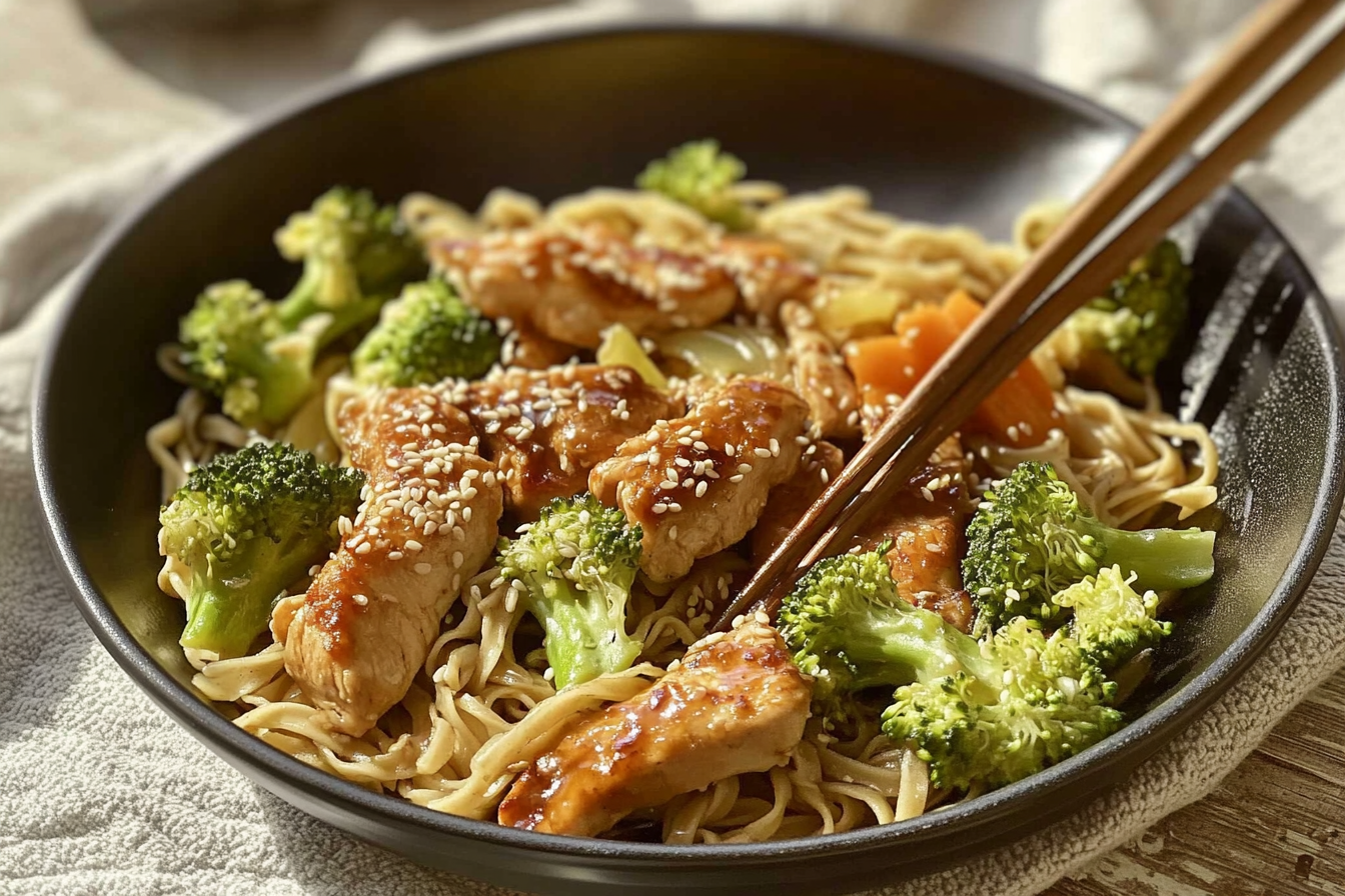 Pollo asiático con noodles y brócoli