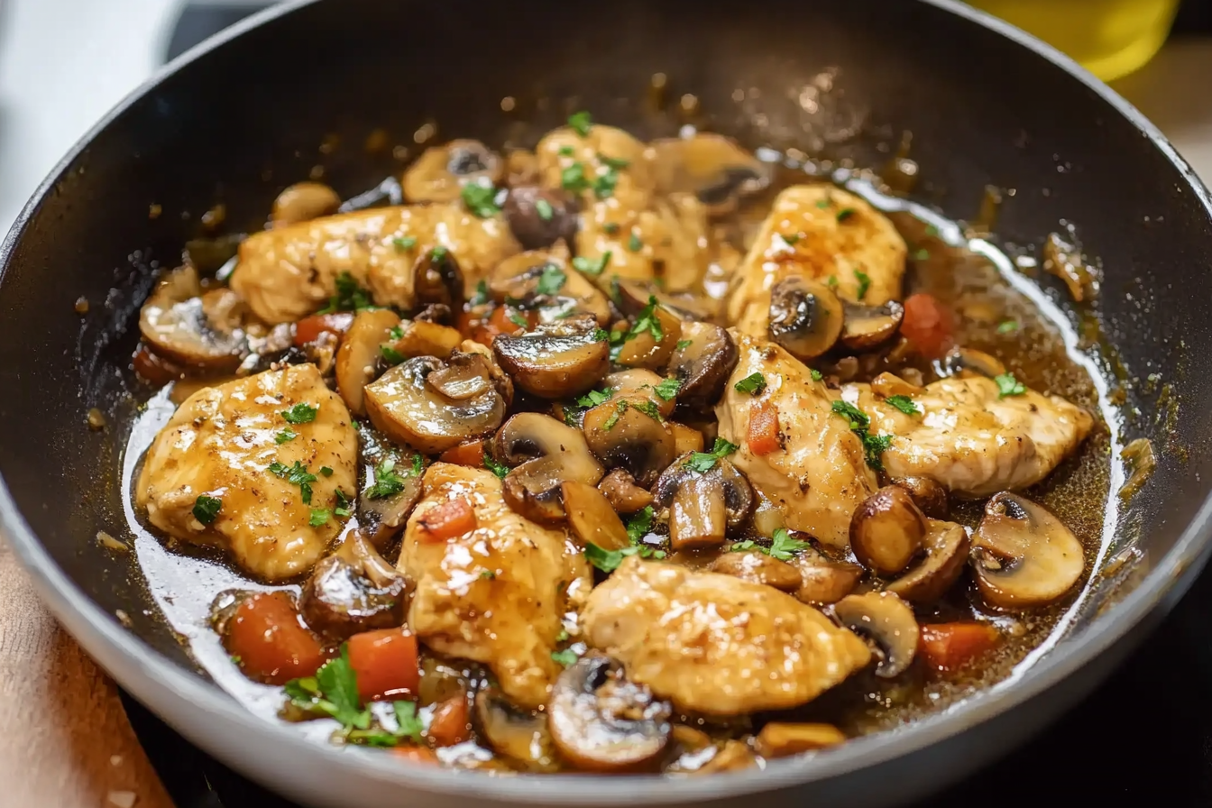 Pollo en sartén con champiñones