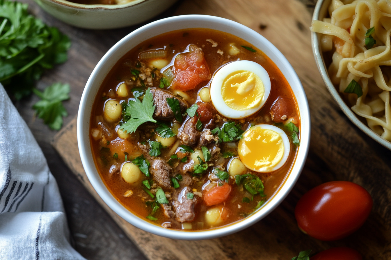 Sopa de fideos con tomate y huevo